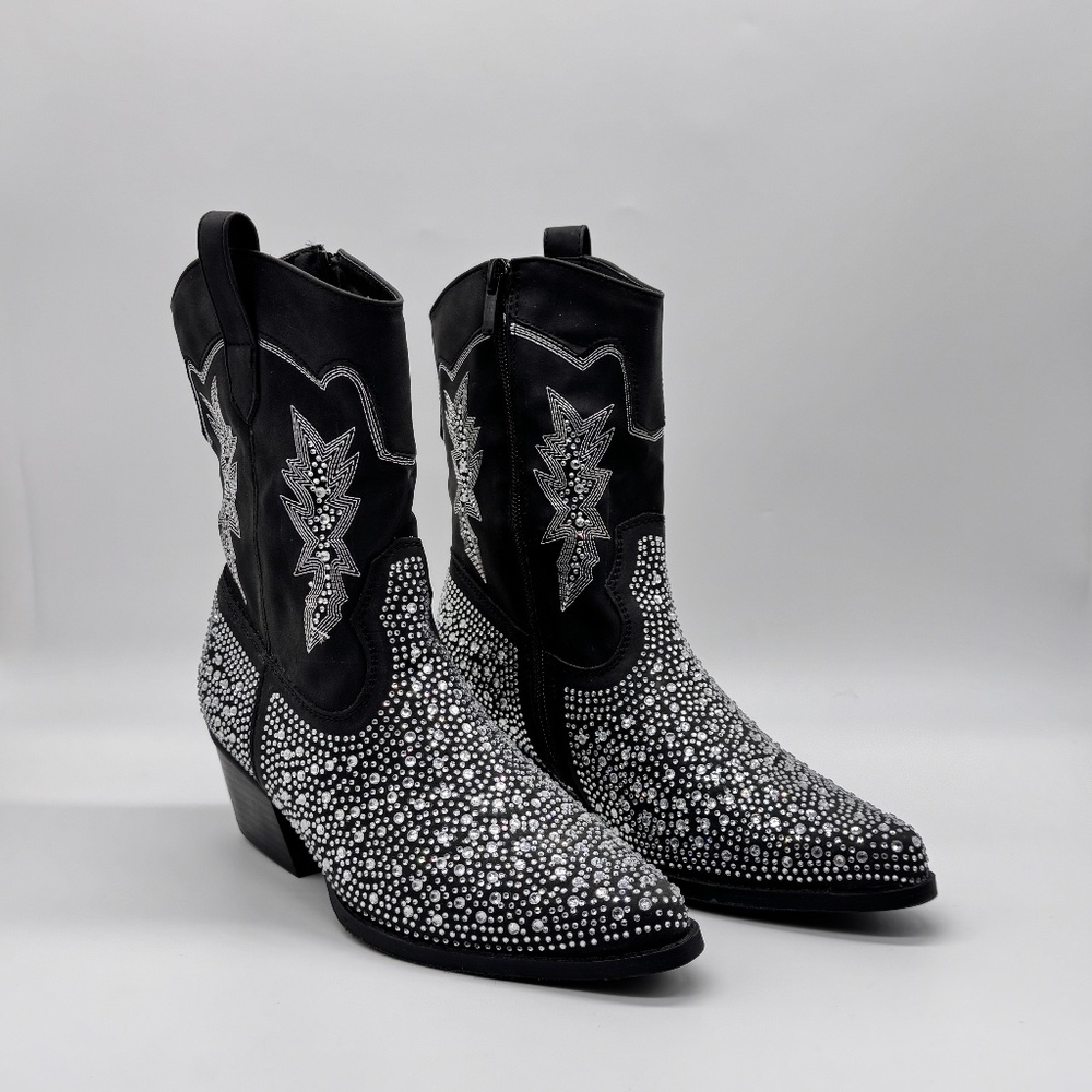 Link Girls Black Rhinestone Western Cowboy Boots | Size 4 | New